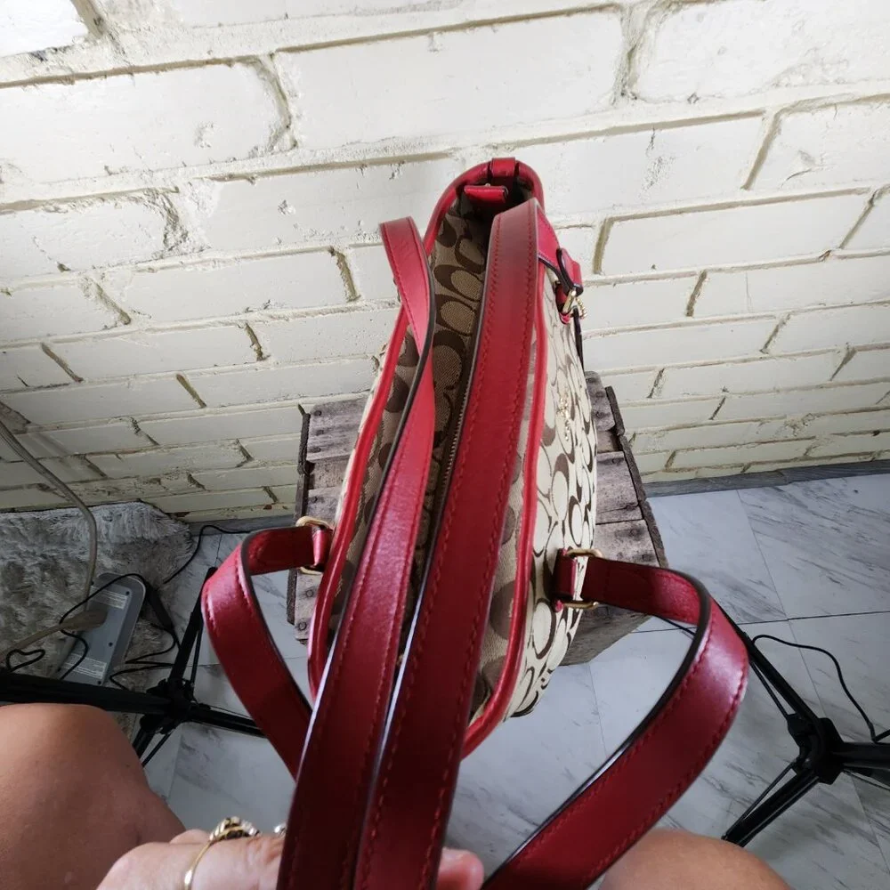 Like New Coach Signature Khaki & Red Leather Trim Shoulder Bag Tote Purse
